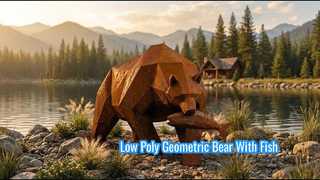 Patung Beruang Grizzly Baja Corten Besar Beruang Geometris Poli Rendah Dengan Patung Ikan Taman Luar Ruangan De