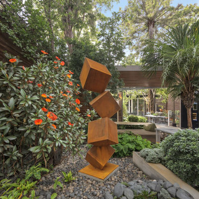 Harga yang bagus Modern Outdoor Garden Cube Tower Sculptures Rusty Abstract Corten Steel Teknik Las Logam on line