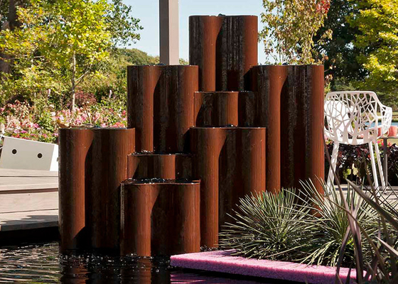 Custom Outdoor Corten Steel Column Air Fitur Air Fountain Untuk Taman