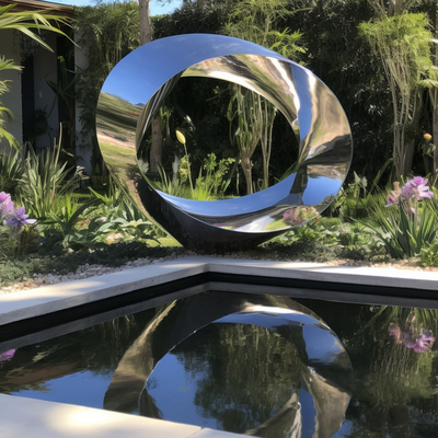 Harga yang bagus Modern Stainless Steel Mirror Outdoor Ring Waterscape Sculpture Untuk Hotel Dan Villa on line