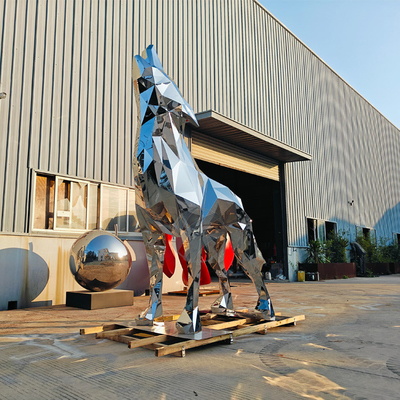 Harga yang bagus 3 meter raksasa Stainless Steel Animal Mirror Geometri Wolf Sculpture on line
