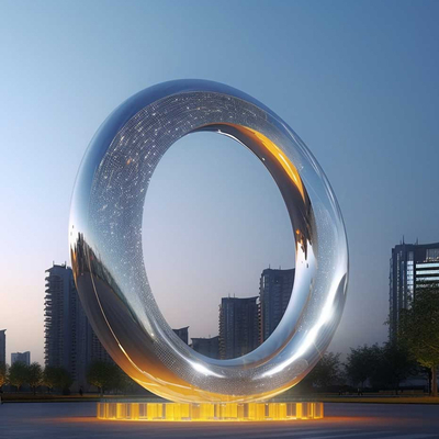 Estetika Modern Outdoor Cermin Stainless Steel Ring Sculpture Dengan Cahaya