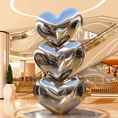 Harga yang bagus Patung Baja Tahan Karat Hati Bertumpuk dengan Cermin Dekorasi Hotel on line