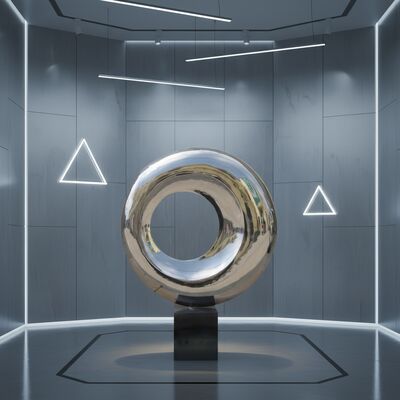 Patung Dekorasi Abstrak Lingkaran Dalam Ruangan Seni Modern Stainless Steel Dipoles Cermin Kustom