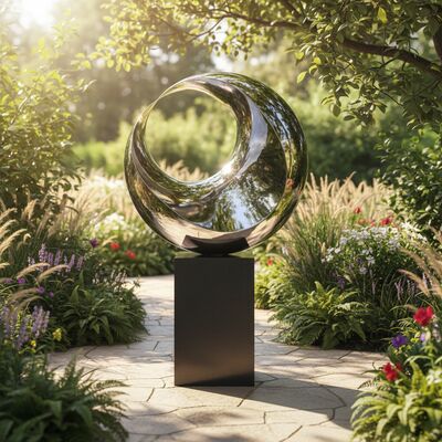 Patung Reflektif Bulan Sabit: Baja yang Dipoles & Karya Seni Marmer Hitam