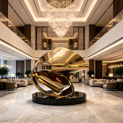 Harga yang bagus Titanium Gold Polished Abstract Ring Sculpture dengan Black Granite Base ♪ Modern Large Outdoor & Indoor Luxury Metal Art Statue on line