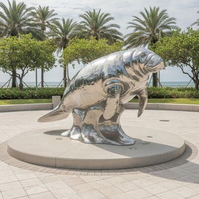 Harga yang bagus Ukuran Hidup Outdoor Sculpture Manatee Stainless Steel Mirror Patung Hewan Samudra yang Dipoli untuk Plaza Park Dekorasi Pantai Seni on line