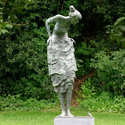 Harga yang bagus Patung Taman Wanita dan Katak Perunggu Buatan Tangan - Patung Berukuran Asli dengan Patina on line
