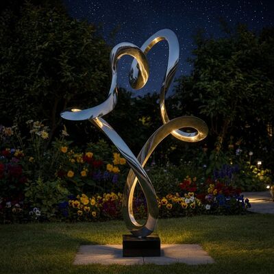 Modern Eternal Heart. 8K Cermin-dipoles baja tahan karat abstrak patung untuk lanskap mewah
