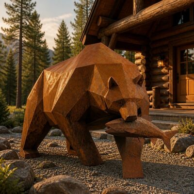 Harga yang bagus Patung Beruang Grizzly Baja Corten Besar Geometris Low Poly Beruang Dengan Patung Ikan Dekorasi Taman Luar Ruangan Seni Halaman Logam Berkarat On line