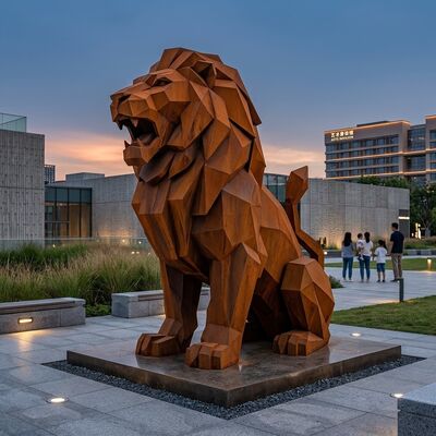 Harga yang bagus Ukuran Gedung Modern Geometri Corten Baja Patung Singa Taman Luar Ruangan Landmark Seni On line