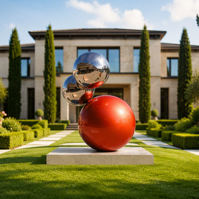 Harga yang bagus Cermin Polished Stainless Steel dan Glossy Red Balloon Sphere Sculpture Outdoor Garden Art Decor untuk Plaza Park Mall Landscape On line
